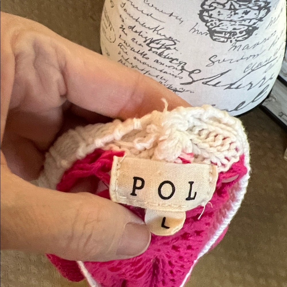 POL Pink and White Peace Crochet Open Knit Crop Top Sz L - Picture 5 of 10